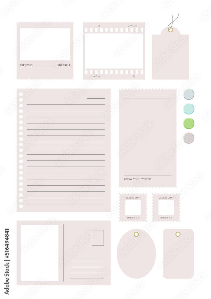 A set of object illustrations for notes, films, memos, tickets, and receipts in a modern and simple style. A set of object illustrations for notes, films, memos, tickets, and receipts in a modern and simple style.