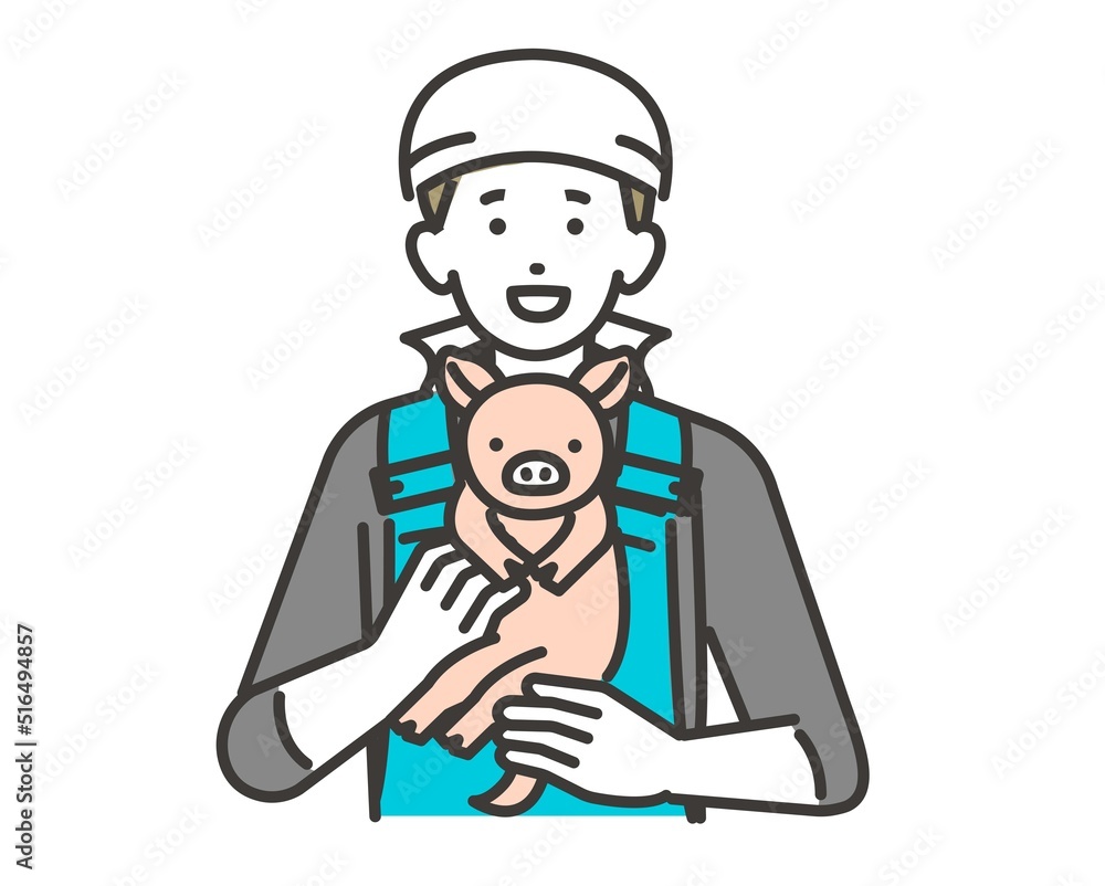 子豚を抱く養豚農家のベクターイラスト素材／養豚／子豚