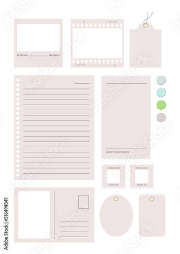 A set of object illustrations for notes, films, memos, tickets, and receipts in a modern and simple style.