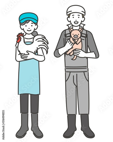 子豚や鶏を抱く畜産農家のベクターイラスト素材／養豚／農家／養鶏／酪農