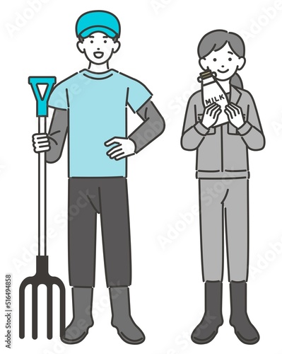 牛乳瓶や鍬を持つ酪農家のベクターイラスト素材／酪農／ミルク