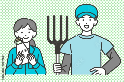 牛乳瓶や鍬を持つ酪農家のベクターイラスト素材／酪農／ミルク