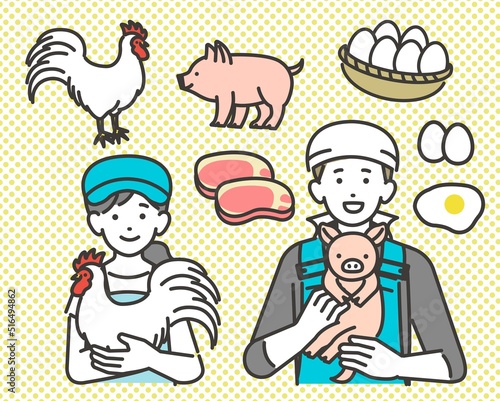 鶏や豚などのアイコンと子豚や鶏を抱く畜産農家のベクターイラスト素材／養豚／農家／養鶏／酪農