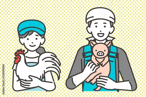 子豚や鶏を抱く畜産農家のベクターイラスト素材／養豚／農家／養鶏／酪農