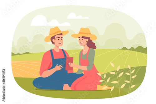 Male and female farmers with phone sitting in field together. Man and woman using smartphone, smart farming flat vector illustration. Agriculture, nature, love, technology concept for banner