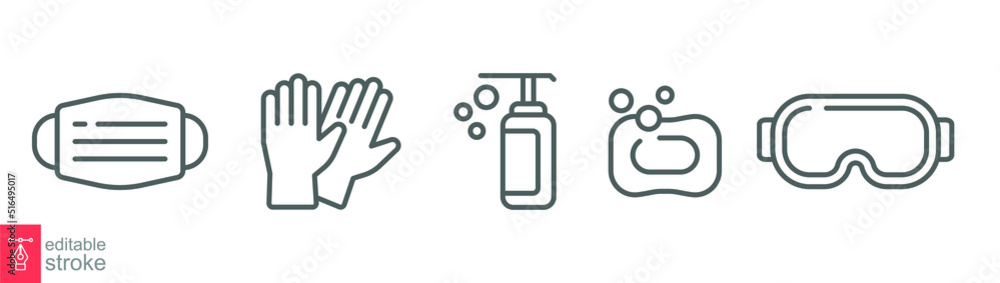 Personal protection equipment icons. Medical mask, latex gloves, soap, dispenser, protective glasses, covid 19 prevention. Outline symbols isolated. Vector illustration. Editable stroke EPS 10 Personal protection equipment icons. Medical mask, latex gloves, soap, dispenser, protective glasses, covid 19 prevention. Outline symbols isolated. Vector illustration. Editable stroke EPS 10