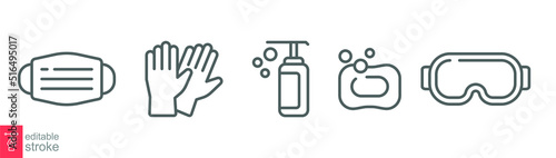 Personal protection equipment icons. Medical mask, latex gloves, soap, dispenser, protective glasses, covid 19 prevention. Outline symbols isolated. Vector illustration. Editable stroke EPS 10