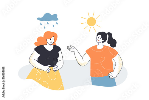 Good and bad mood of girl in rain and sunny weather. Female character thinking as optimist or pessimist flat vector illustration. Psychology concept for banner, website design or landing web page photo