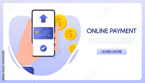 Hand holds phone with Contactless Payment Methods Mobile, online payment. Vector illustration.