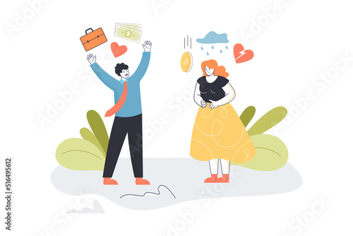 Optimist and pessimist discussing. Negative and positive attitudes towards life of woman and man flat vector illustration. Optimism, pessimism concept for banner, website design or landing web page