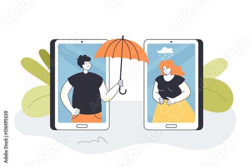 Man from mobile phone screen holding umbrella over sad woman. Therapy and support for sad girl flat vector illustration. Mental health, empathy concept for banner, website design or landing web page