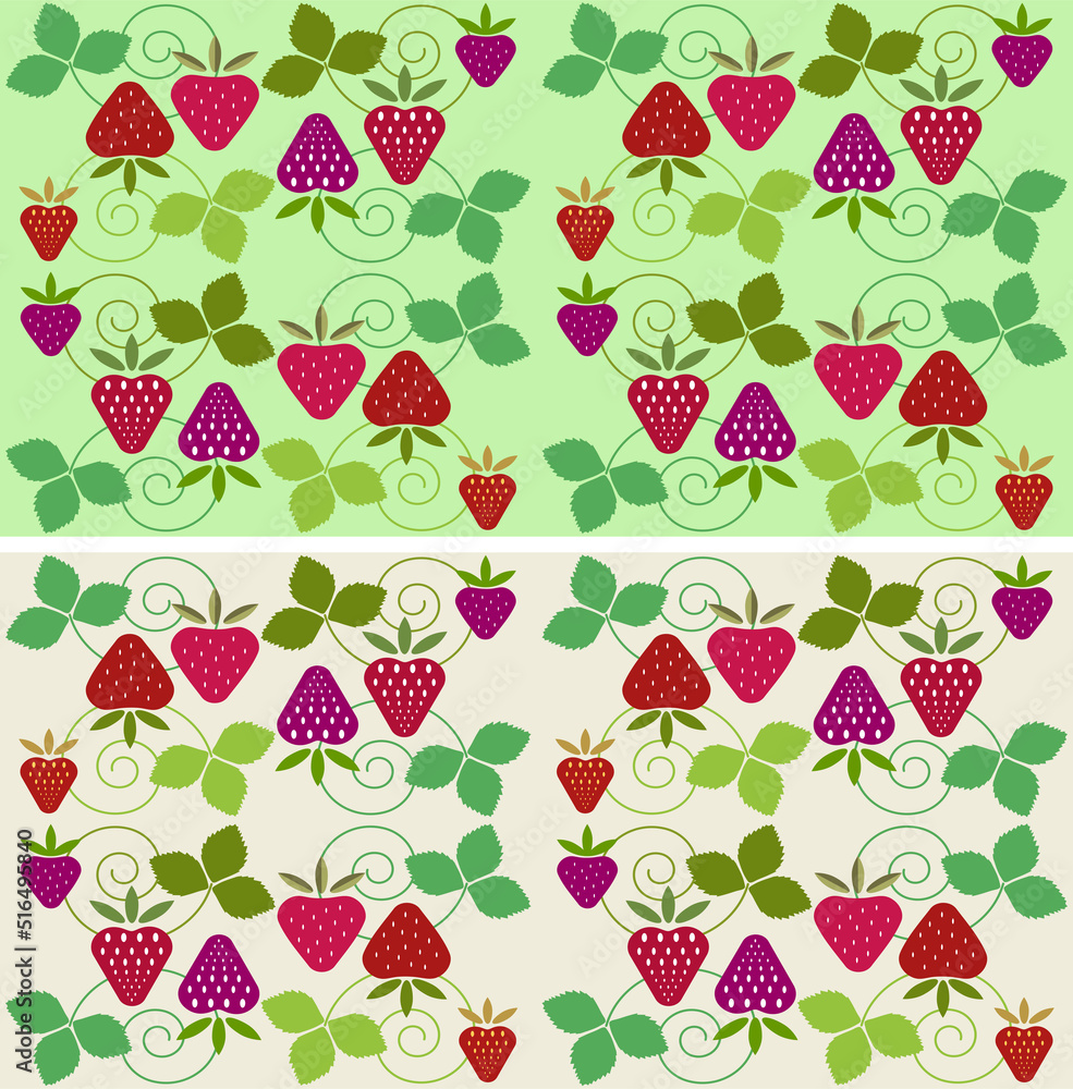 Multicolored strawberry pattern in green tones and for textiles