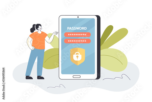 Woman using secure access with password to mobile app. Safe verification of tiny person flat vector illustration. Cyber safety, account, privacy concept for banner, website design or landing web page
