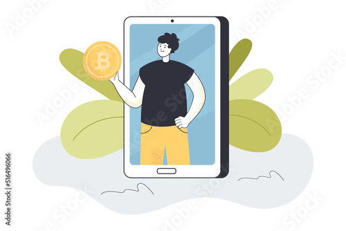Man giving bitcoin from phone screen. Tiny person holding digital coin in hand flat vector illustration. Virtual trade, cryptocurrency, account concept for banner, website design or landing web page