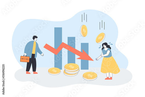 Sad investors losing money. Falling arrow of income and financial problems of tiny man and woman flat vector illustration. Crisis, devaluation concept for banner, website design or landing web page