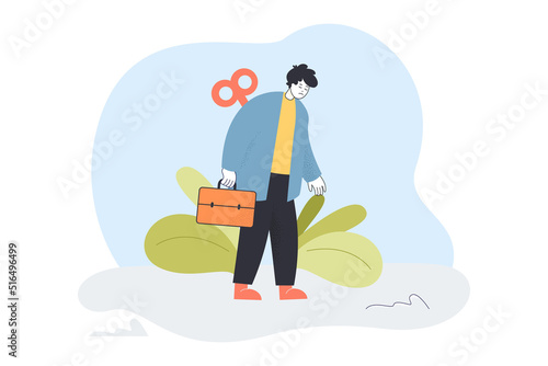 Tired corporate employee walking with key in back. Exhaustion and fatigue of unhappy man flat vector illustration. Stress, burnout, hard work concept for banner, website design or landing web page