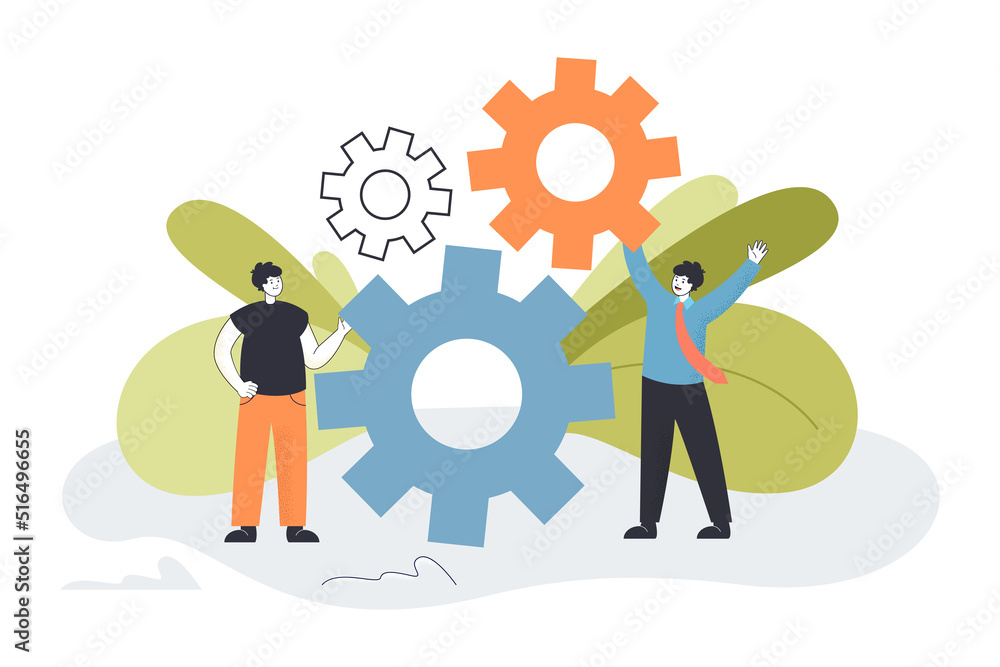 Teamwork of tiny business people with gears and cogwheels. Upgrade and ...
