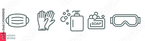 Personal protection equipment icons. Medical mask, latex gloves, soap, dispenser, protective glasses, covid 19 prevention. Outline symbols isolated. Vector illustration. Editable stroke EPS 10