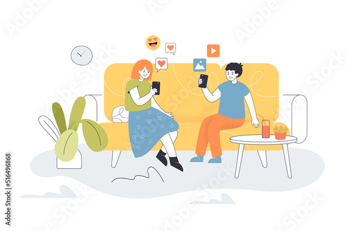 Little friends sitting on home sofa with mobile phones. Happy boy and girl using gadgets flat vector illustration. Problem of internet addiction concept for banner, website design or landing web page
