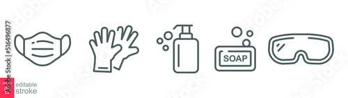 Personal protection equipment icons. Medical mask, latex gloves, soap, dispenser, protective glasses, covid 19 prevention. Outline symbols isolated. Vector illustration. Editable stroke EPS 10