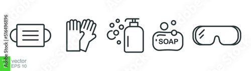Personal protection equipment icons. Medical mask, latex gloves, soap, dispenser, protective glasses, Coronavirus, covid 19 prevention items. Line, outline symbols isolated. Vector illustration EPS 10