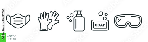 Personal protection equipment icons. Medical mask, latex gloves, soap, dispenser, protective glasses, Coronavirus, covid 19 prevention items. Line, outline symbols isolated. Vector illustration EPS 10