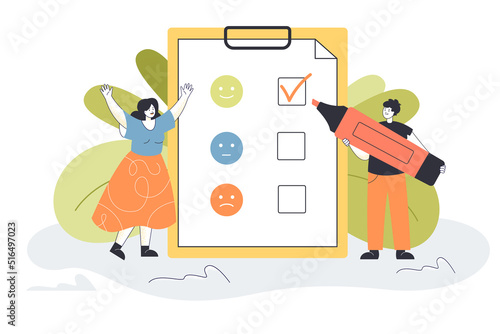 Survey with smileys on clipboard for customers. Tiny man holding marker to tick off approval flat vector illustration. Feedback, satisfaction concept for banner, website design or landing web page