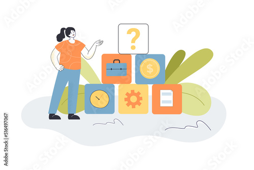 Office worker in search of priority in workflow. Tiny girl standing near pyramid, with work symbols inside cubes flat vector illustration. Job concept for banner, website design or landing web page