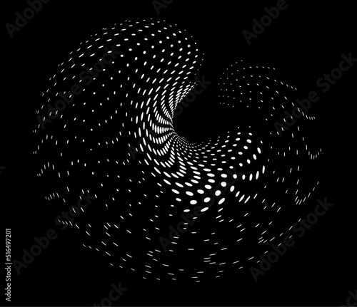 Vector halftone spiral of polka dots on a dark background. A sequence of white peas rushing into the middle.