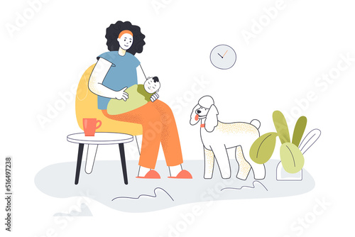 Mother holding infant baby, sitting in home chair. Maternal love and care from happy woman to kid flat vector illustration. Motherhood, maternity concept for banner, website design or landing web page