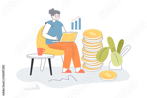 Old woman planning rich retirement and pension. Tiny senior character sitting with laptop and stack of coins flat vector illustration. Investment concept for banner, website design or landing web page