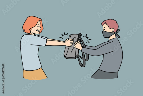 Thief in mask stealing bag from woman on street. Man criminal robbing female outside. Crime and robbery concept. Vector illustration. 