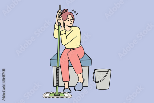 Unhappy housewife sitting with mop after cleaning feel distressed with home work. Upset woman housekeeper tired of housework. Chores at house. Vector illustration. 