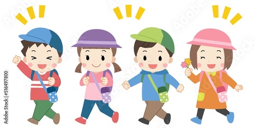 遠足・笑顔で歩く子供たちのイラスト素材　線なし