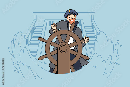 Smiling captain standing at ship wheel during sea storm. Happy skipper at boat helm at ocean waves. Seatime and marine life. Vector illustration. 