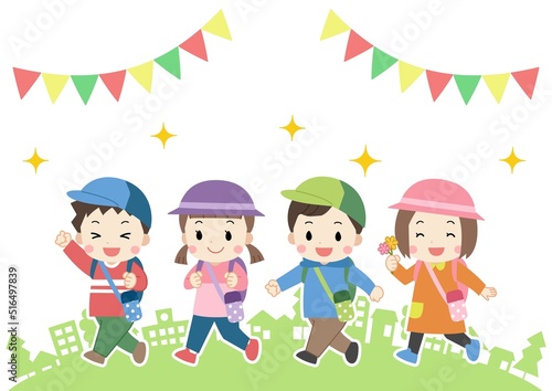 遠足・街並みを歩く子供たちのフレーム素材イラスト　線なし