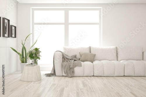 White living room with sofa. Scandinavian interior design. 3D illustration