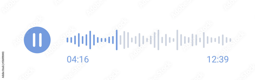Social audio message. Podcast soundwave line. Sound wave of voice. Record music player. Equalizer icon with spectrum noise and pause button. Shape of mobile talk track. Vector illustration. Social audio message. Podcast soundwave line. Sound wave of voice. Record music player. Equalizer icon with spectrum noise and pause button. Shape of mobile talk track. Vector illustration.