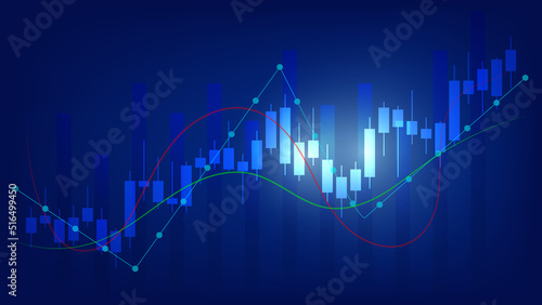economy situation concept. Financial business statistics with bar graph and candlestick chart show stock market price and currency exchange on blue background