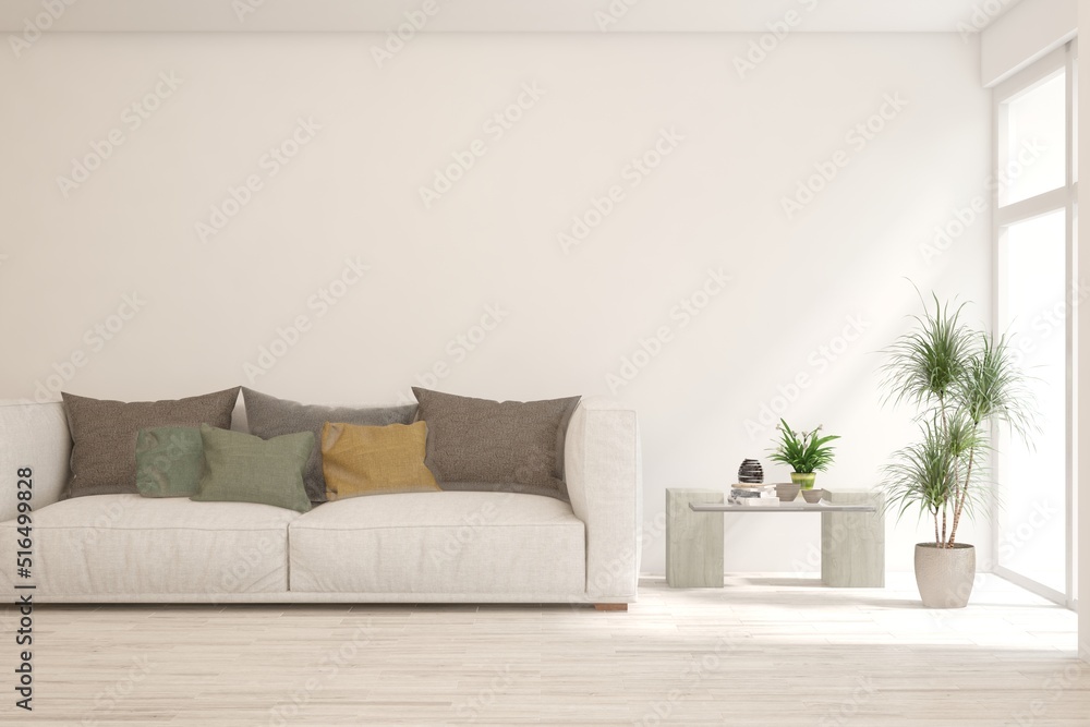 Fototapeta premium White living room with sofa. Scandinavian interior design. 3D illustration