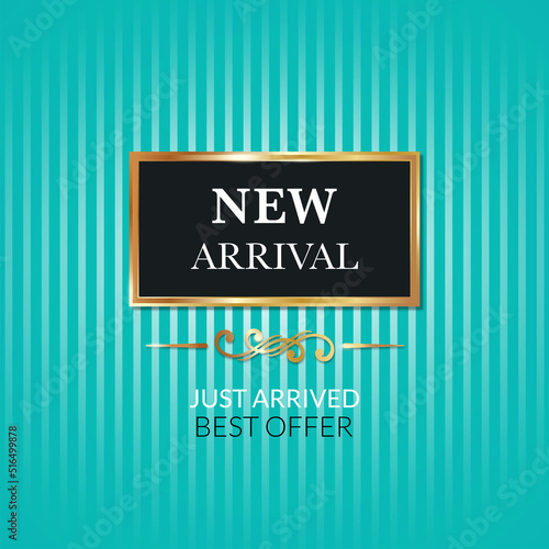 Flash NEW ARRIVAL banner. New arrival offer sign. Luxury vector banner. Tiffany colored 