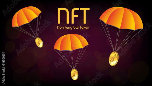 Free distribution of collectible NFT non fungible token with golden coins on orange parachutes on dark red background. NFT airdrop.