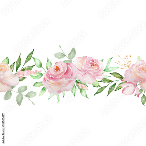 Watercolor seamless border of delicate pink roses