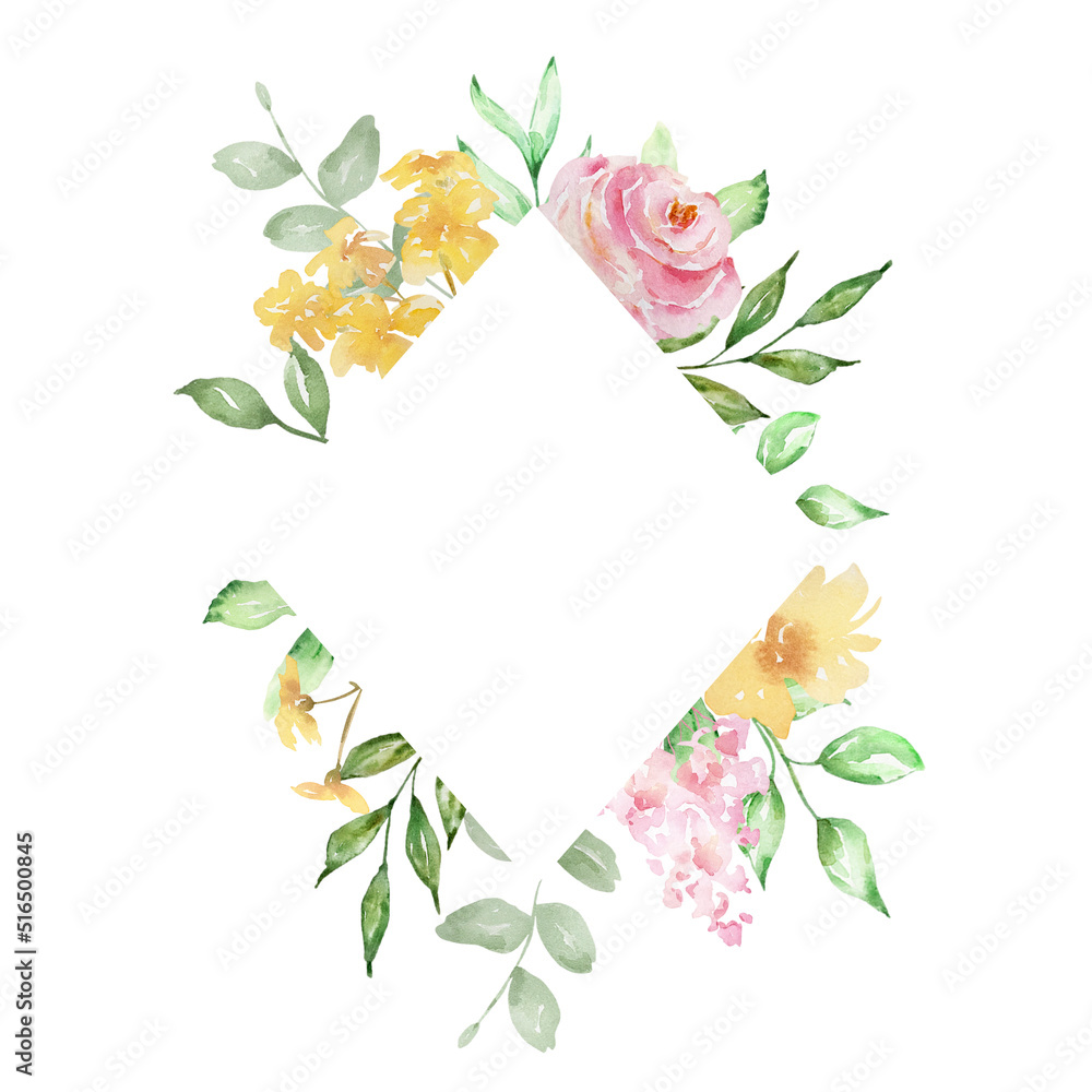 Watercolor rhombus frame of delicate pink roses