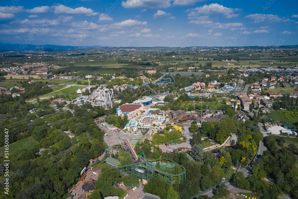 Amusement park on Lake Garda in Italy. Amusement park aerial view.