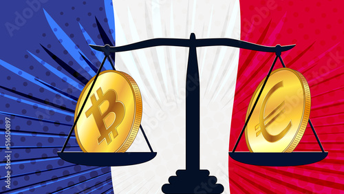 Gold coin of Bitcoin BTC and Euro EUR on scales and colored flag of France on background. Central Bank of France adopts laws on digital assets CBDC.