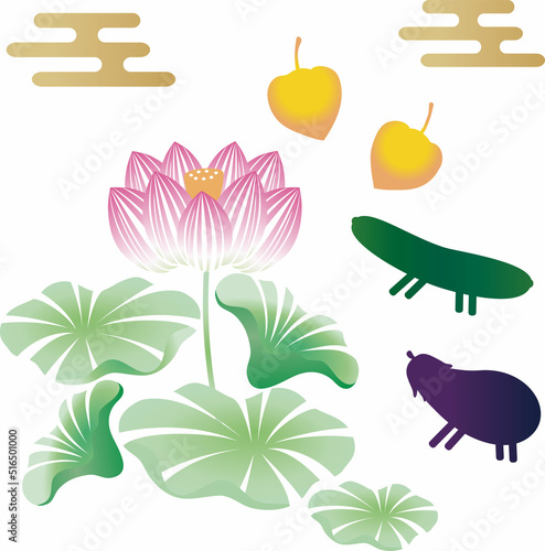 お盆　おぼん　シルエット　切絵　飾り　蓮　花　夏　7月　8月　和柄　シンプル　イラスト素材セット