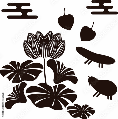 Obraz W Ramie お盆 おぼん シルエット 切絵 飾り 蓮 花 夏 7月 8月 和柄 シンプル イラスト素材セット Wektor Ilustracja Sylwetka Fototapety Foteks