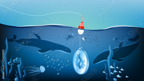 Bitcoin is sinking into the sea where the whales are waiting for it. Whales prey on sinking BTC, which is held on fishing line with float. Metaphor for banner or news.