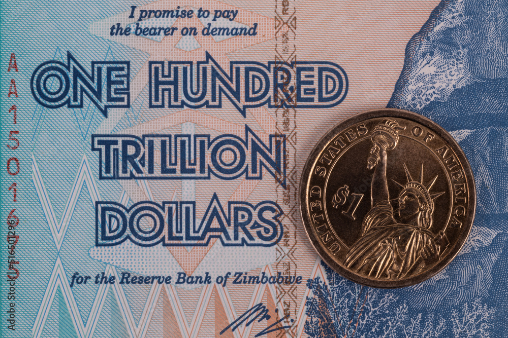 One hundred trillion Zimbabwean dollar bill, the largest at face value of all official notes in the world - obrazy, fototapety, plakaty 